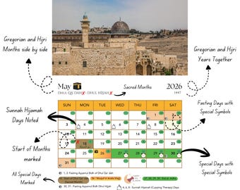May include: A calendar for May 2026, with Gregorian and Hijri months and years. It highlights sacred months, fasting days, and special days with symbols. The image includes a view of a historical building.
