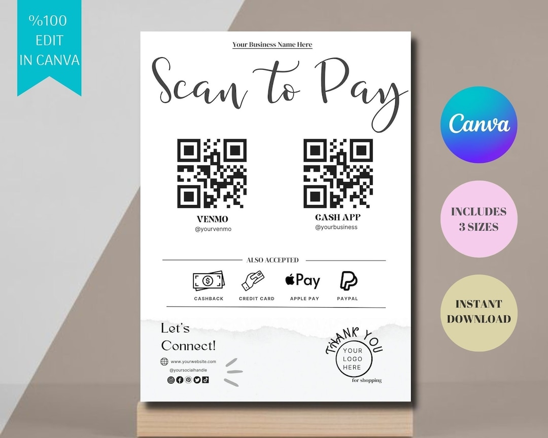 Editable QR Code Sign, Thank You Scan to Pay Sign, Small Business Sign ...