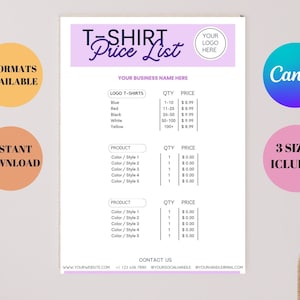 Può includere: Un modello di listino prezzi di magliette stampabile rosa e bianco con il testo "T-Shirt Price List" e "Your Logo Here". Il modello include una sezione per le magliette con logo in diversi colori e quantità, e una sezione per i prezzi dei prodotti con diversi stili e quantità.