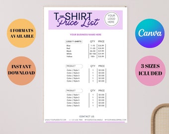 T-Shirt Price List Template, Editable Canva Pricing Guide (Digital Download)