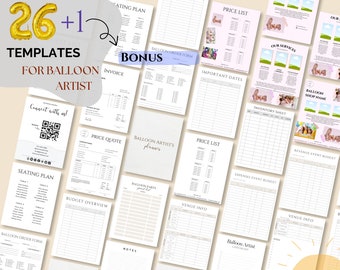 May include: A set of 26 printable templates for balloon artists, including seating plans, price lists, budget overviews, and more. The templates are in black and white with a beige background.