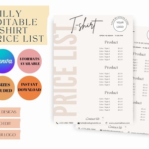 Può includere: Un modello di listino prezzi stampabile per un'azienda di t-shirt. Il modello è personalizzabile con il nome e il logo della tua azienda. Include un listino prezzi per diversi colori e stili di t-shirt. Il modello è disponibile in quattro formati e include tre dimensioni. Il modello è facile da modificare e può essere scaricato istantaneamente.