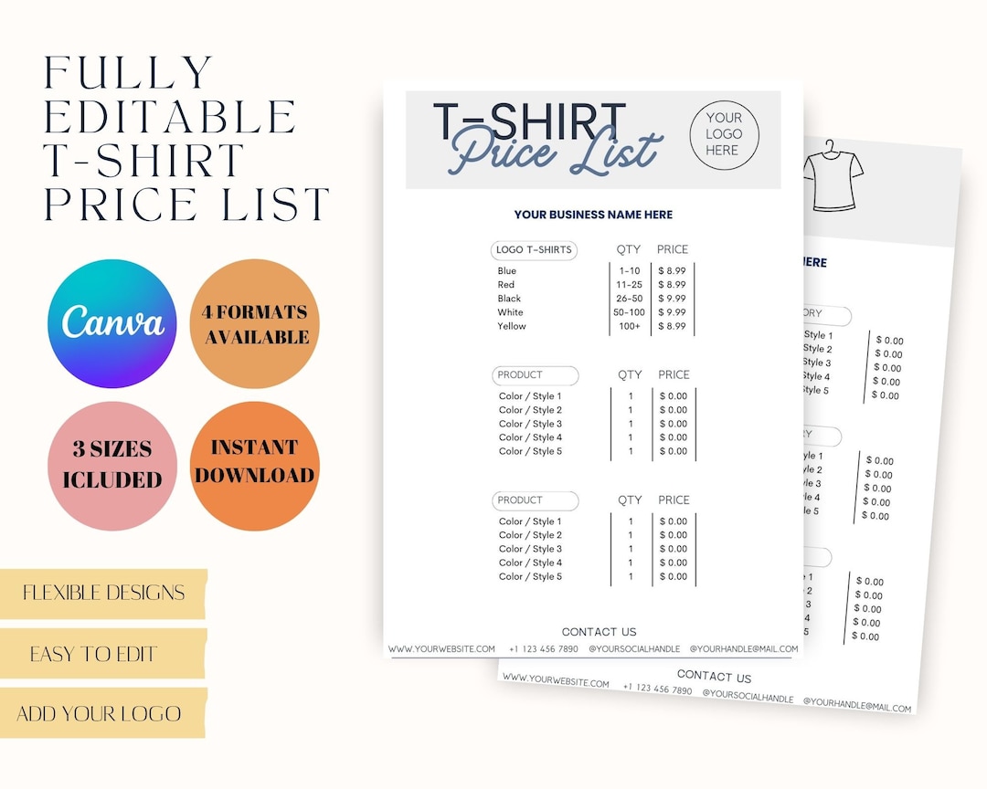 Tshirt Price List, Tshirt Pricing Template, Tshirt Price List Template