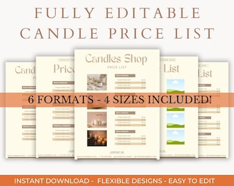 Lista de precios de velas, Lista de precios para pequeñas empresas, Plantilla de lista de precios de velas editable, Lista de precios, Folleto de lista de precios de velas, Guía de precios de cera.