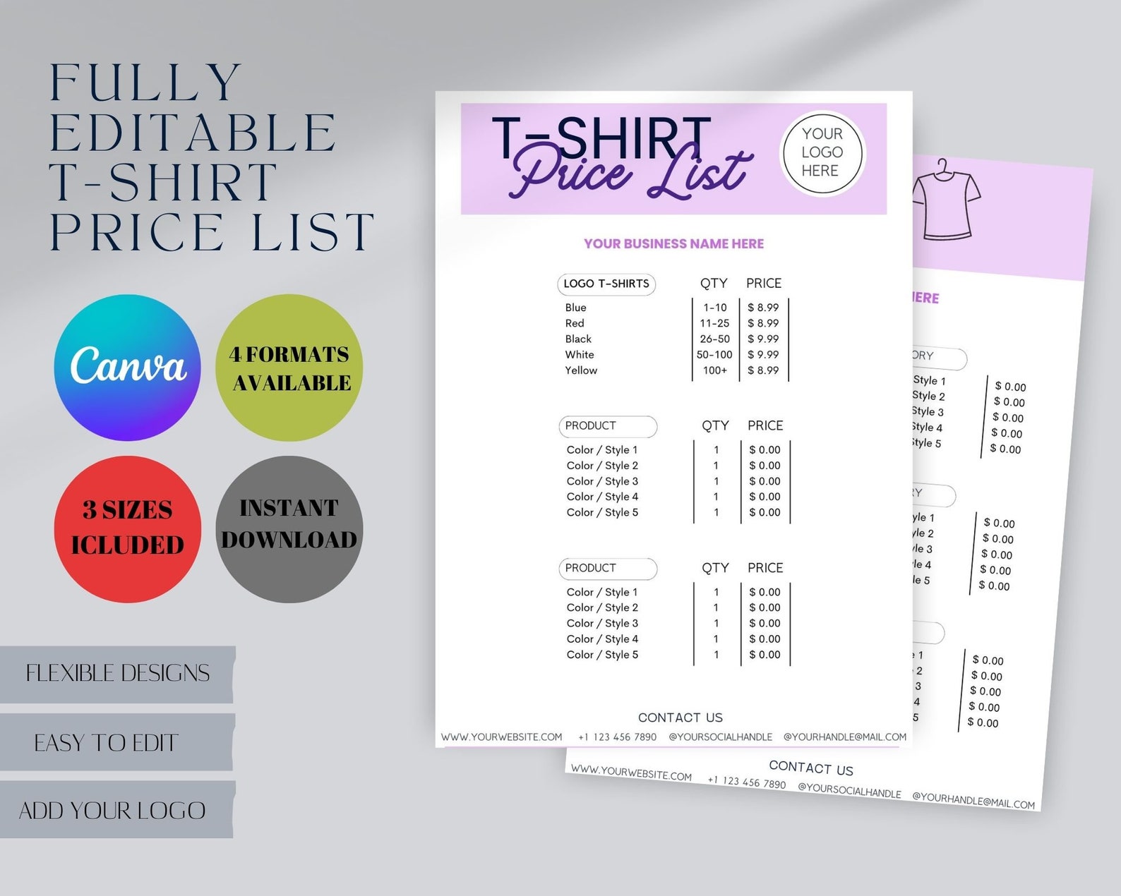 Tshirt Price List, Tshirt Pricing Template, Tshirt Price List Template