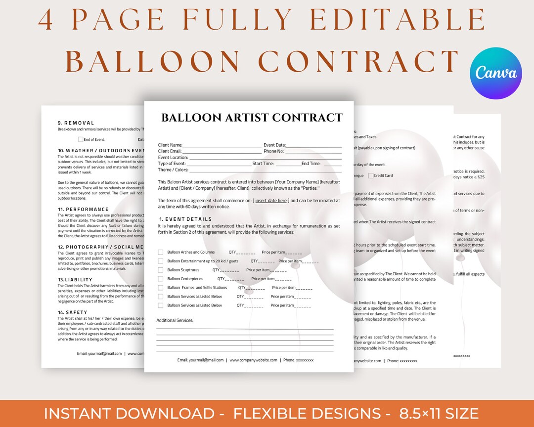 BALLOON CONTRACT, Editable Balloon Artist Contract, Balloon Business Contract, Balloon Stytlist