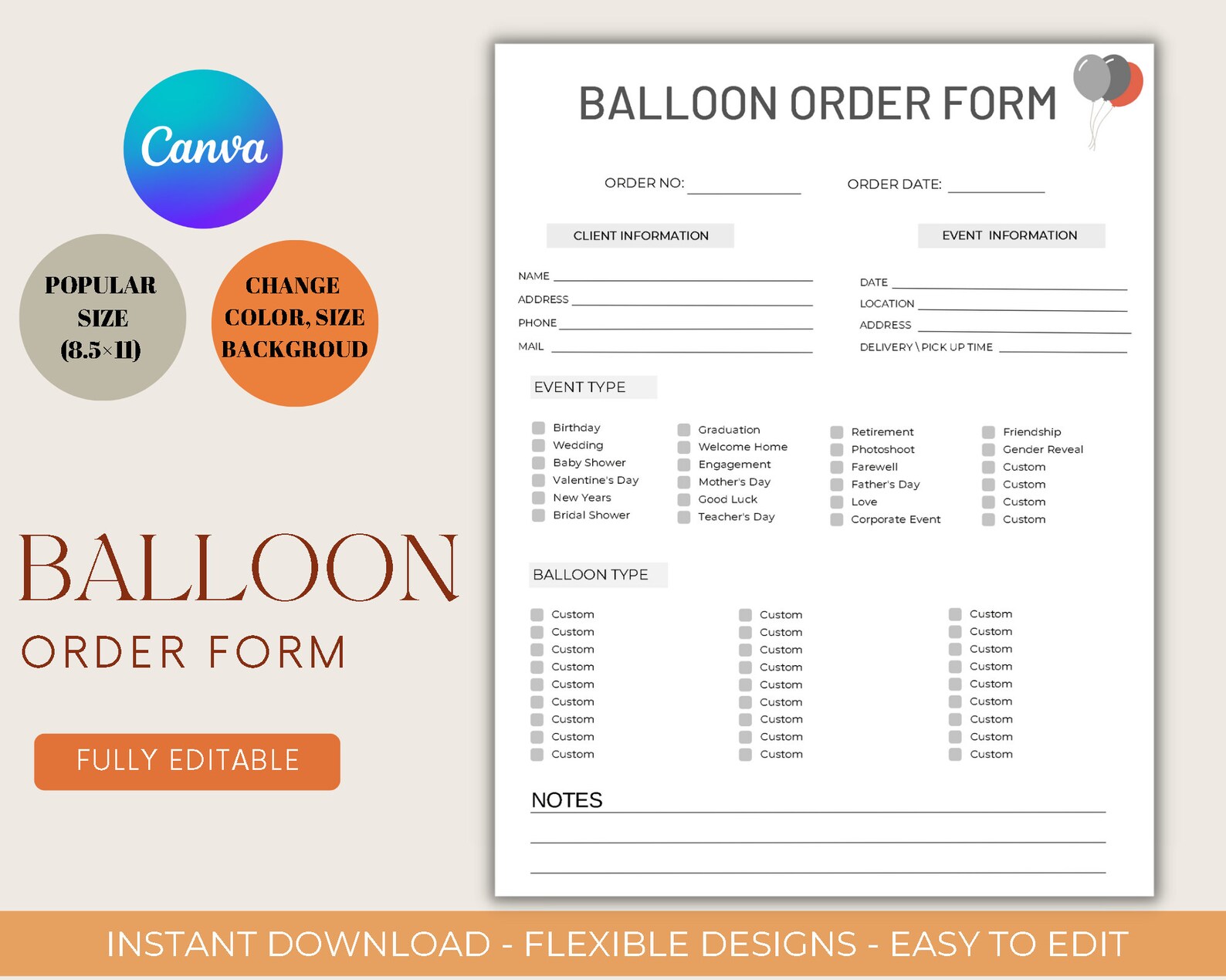 Balloon Order Form, Editable Balloon Order Form, Balloon Order Tracker