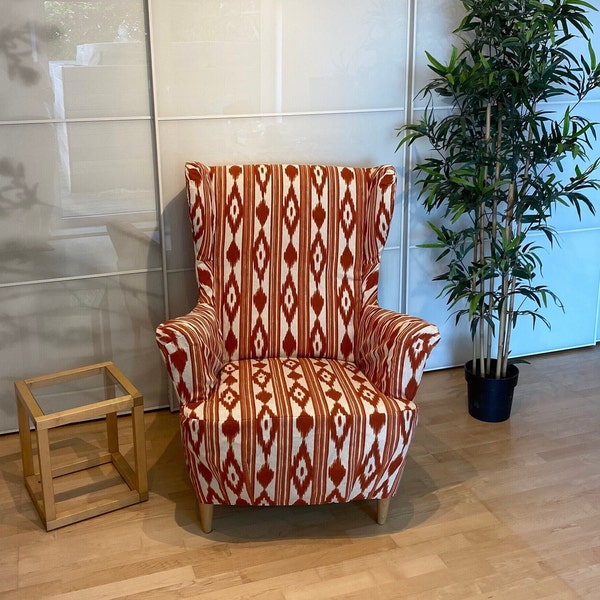 Housse de fauteuil pour Ikea Strandmon, Majorque Ikat en terre cuite, motif monophasé