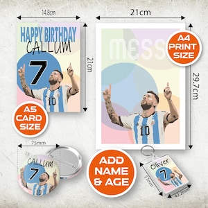 May include: A printable birthday card featuring a cartoon illustration of a football player with the text "Happy Birthday Callum 7" and a football. The card is available in A4 size and also as a smaller A5 card size. The image also shows a 75mm button badge and a 57mm keyring with the same design.