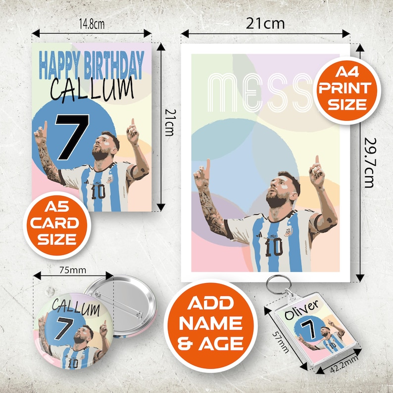 May include: A printable birthday card featuring a cartoon illustration of a football player with the text "Happy Birthday Callum 7" and a football. The card is available in A4 size and also as a smaller A5 card size. The image also shows a 75mm button badge and a 57mm keyring with the same design.