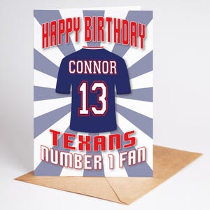 Carte d'anniversaire personnalisée avec nom et âge du maillot des Houston Texans NFL - fan numéro 1 - 4 modèles - A5 - badge, porte-clés, options d'impression