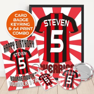 Bournemouth FC Shirt Age and Name Personalised Birthday Card Gift Pack, A5, 4 Designs, Quality Card, Badge, Keyring, Print, Kraft Envelope
