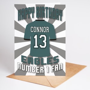 Carte d'anniversaire personnalisée avec nom et âge du maillot NFL des Philadelphia Eagles - fan numéro 1 - 4 modèles - A5 - badge, porte-clés, options d'impression