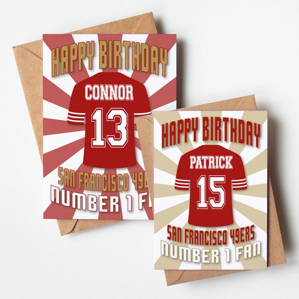 San Francisco 49ers NFL Shirt Alter und Name Personalisierte Geburtstagskarte - Nummer 1 Fan - 4 Designs - A5 - Hochwertige strukturierte Karte Kraft Umschlag