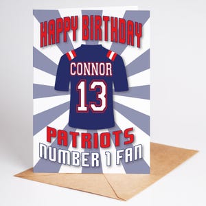 Carte d'anniversaire personnalisée âge et nom des New England Patriots NFL - fan numéro 1 - 4 modèles - A5 - badge, porte-clés, options d'impression