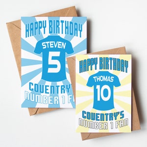 Coventry City FC Shirt Âge et nom Carte d'anniversaire personnalisée - Fan numéro 1 - 4 motifs - A5 - Carte texturée de qualité Enveloppe kraft