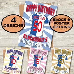 Carte d'anniversaire personnalisée nom et âge du maillot Blackburn Rovers - Fan numéro 1 - 4 modèles - A5 - carte texturée de qualité enveloppe Kraft
