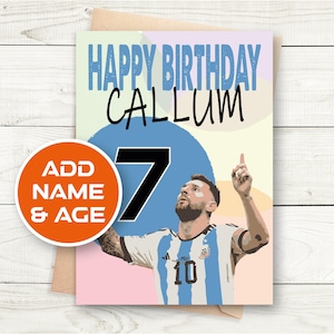 May include: Happy birthday card featuring a football player with the number 7 on a blue circle. The card has a pink, blue, and yellow background with the text "Happy Birthday Callum".