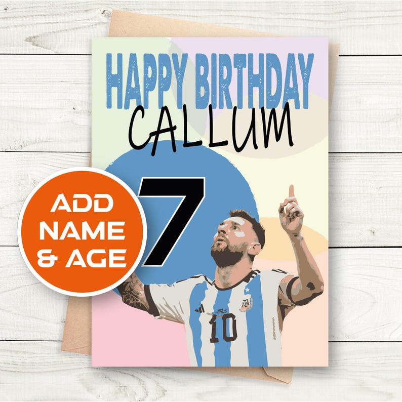 May include: Happy birthday card featuring a football player with the number 7 on a blue circle. The card has a pink, blue, and yellow background with the text "Happy Birthday Callum".
