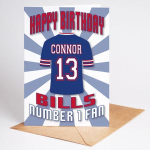 Buffalo Bills NFL-shirt leeftijd en naam Gepersonaliseerde verjaardagskaart - ventilator nummer 1 - 4 ontwerpen - A5 - badge, sleutelhanger, afdrukopties
