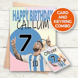 May include: Happy birthday Callum card and keyring combo featuring a cartoon image of a football player with the number 7 on his jersey. The card has a pink, blue and yellow background.