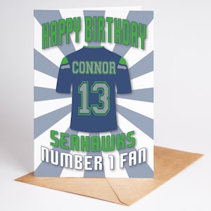 Carte d'anniversaire personnalisée nom et âge du maillot des Seattle Seahawks NFL - fan numéro 1 - 4 modèles - A5 - badge, porte-clés, options d'impression