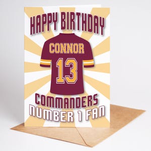 Washington Commanders NFL-shirt leeftijd en naam Gepersonaliseerde verjaardagskaart - ventilator nummer 1 - 4 ontwerpen - A5 - badge, sleutelhanger, afdrukopties