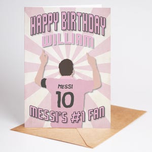 Carte d'anniversaire personnalisée nom Lionel Messi - Fan n°1 de Messi - A5 - Enveloppe kraft carte texturée de qualité - Options badge et poster