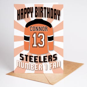 Chemise de hockey sur glace EIHL des Sheffield Steelers, nom d'âge carte d'anniversaire personnalisée - fan numéro 1 - 4 modèles - A5 - badge, porte-clés, options d'impression