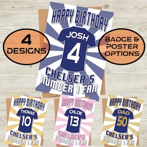 Carte d'anniversaire personnalisée avec nom et âge du maillot du Chelsea FC - Numéro 1 fan - 4 modèles - A5 - Carte texturée de qualité Enveloppe Kraft