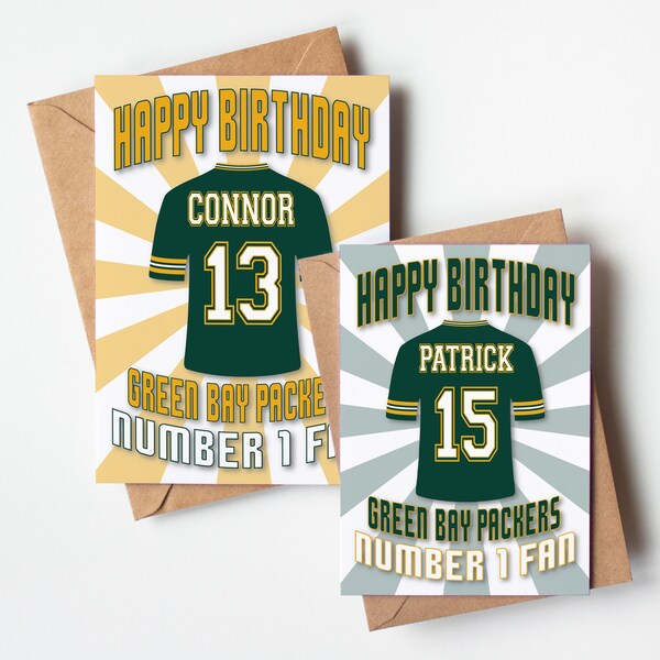 Green Bay Packers NFL Shirt Age and Name Personalised Birthday Card - Number 1 Fan - 4 Designs - A5 - Quality Textured Card Kraft Envelope