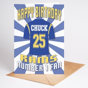 Camisa NFL Los Angeles Rams Idade e nome Cartão de aniversário personalizado - Fã número 1 - 4 designs - A5 - Crachá, chaveiro, opções de impressão