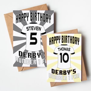 Derby County FC Shirt Âge et nom Carte d'anniversaire personnalisée - Fan numéro 1 - 4 motifs - A5 - Carte texturée de qualité Enveloppe kraft