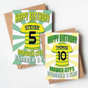 Norwich City FC Shirt Âge et nom Carte d'anniversaire personnalisée - Fan numéro 1 - 4 motifs - A5 - Carte texturée de qualité Enveloppe kraft