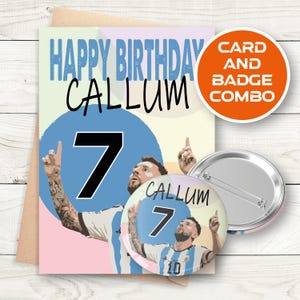 May include: A birthday card and badge combo featuring a cartoon football player with the number 7 on his jersey. The card says "Happy Birthday Callum" and the badge says "Callum 7".
