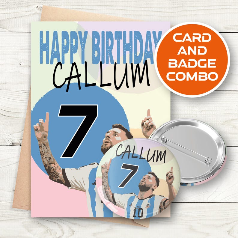 May include: A birthday card and badge combo featuring a cartoon football player with the number 7 on his jersey. The card says "Happy Birthday Callum" and the badge says "Callum 7".