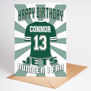 Carte d'anniversaire personnalisée nom et âge du maillot NFL des Jets de New York - fan numéro 1 - 4 modèles - A5 - badge, porte-clés, options d'impression