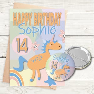 Carte d'anniversaire licorne - carte d'anniversaire personnalisée - badge - format A5 - carte texturée de qualité avec enveloppe kraft marron