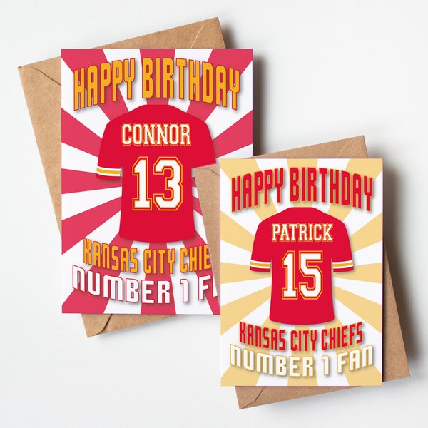 Kansas City Chiefs NFL Shirt Age and Name Personalised Birthday Card - Number 1 Fan - 4 Designs - A5 - Quality Textured Card Kraft Envelope