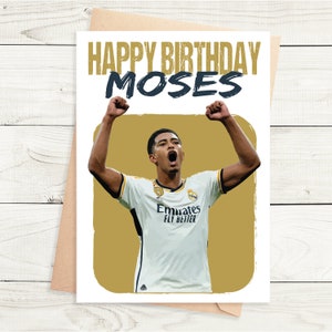Jude Bellingham - Biglietto di compleanno personalizzato - Real Madrid - Inghilterra - Formato A5 - Biglietto testurizzato di qualità con busta Kraft marrone