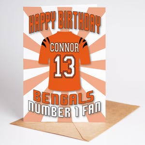 Carte d'anniversaire personnalisée âge et nom des Cincinnati Bengals NFL - fan numéro 1 - 4 modèles - A5 - badge, porte-clés, options d'impression