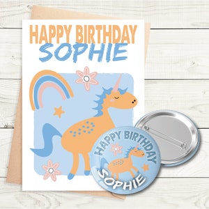 Carte d'anniversaire licorne - carte d'anniversaire personnalisée - badge épingle personnalisé - format A5 - carte texturée de qualité avec enveloppe kraft marron