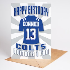 Carte d'anniversaire personnalisée nom et âge du maillot NFL des Colts d'Indianapolis - fan numéro 1 - 4 modèles - A5 - badge, porte-clés, options d'impression