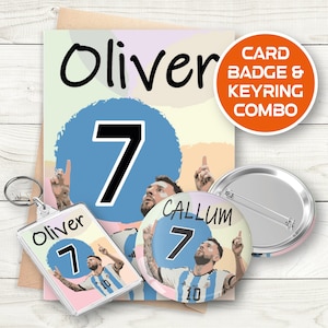 May include: A card, badge and keyring combo featuring a football player with the number 7 on his shirt. The card has a pink, yellow and blue background with the name "Oliver" and the number 7. The badge has a blue background with the name "Callum" and the number 7. The keyring has a clear background with the name "Oliver" and the number 7.