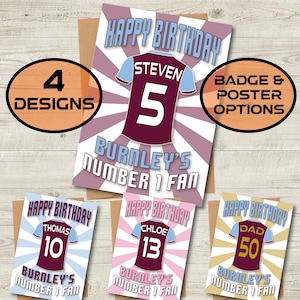 Personalisierte Geburtstagskarte mit Alter und Name des Burnley FC-Trikots – Nummer 1-Fan – 4 Designs – A5 – hochwertiger strukturierter Karton mit Kraftumschlag