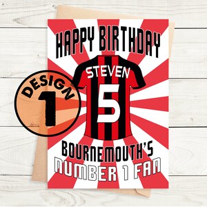 Carte d'anniversaire personnalisée, nom et âge du maillot du Bournemouth FC - numéro 1 fan - 4 modèles - A5 - carte texturée de qualité enveloppe kraft