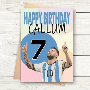 May include: Happy birthday Callum! A birthday card featuring a football player in a blue and white jersey with the number 7 and the text "Happy Birthday Callum".