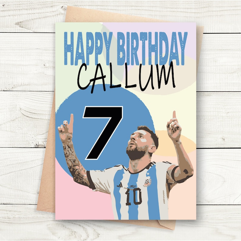 May include: Happy birthday Callum! A birthday card featuring a football player in a blue and white jersey with the number 7 and the text "Happy Birthday Callum".