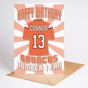 Carte d'anniversaire personnalisée avec nom et âge du maillot des Denver Broncos NFL - fan numéro 1 - 4 modèles - A5 - badge, porte-clés, options d'impression