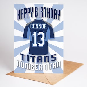 Tennessee Titans NFL-shirt leeftijd en naam Gepersonaliseerde verjaardagskaart - ventilator nummer 1 - 4 ontwerpen - A5 - badge, sleutelhanger, afdrukopties